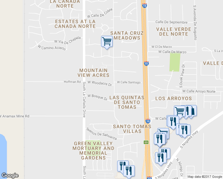 map of restaurants, bars, coffee shops, grocery stores, and more near 1203 West Woodacre Drive in Sahuarita