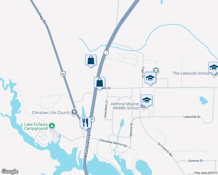 map of restaurants, bars, coffee shops, grocery stores, and more near 100 Lake Drive in Eufaula
