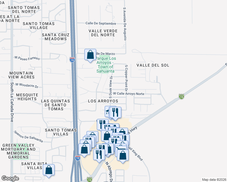 map of restaurants, bars, coffee shops, grocery stores, and more near 717 West Flaming Arrow Drive in Green Valley