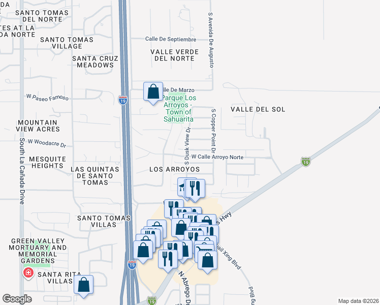 map of restaurants, bars, coffee shops, grocery stores, and more near 717 West Flaming Arrow Drive in Green Valley