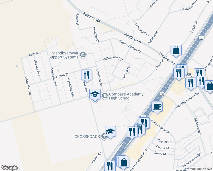 map of restaurants, bars, coffee shops, grocery stores, and more near 5604 Ponderosa Drive in Odessa