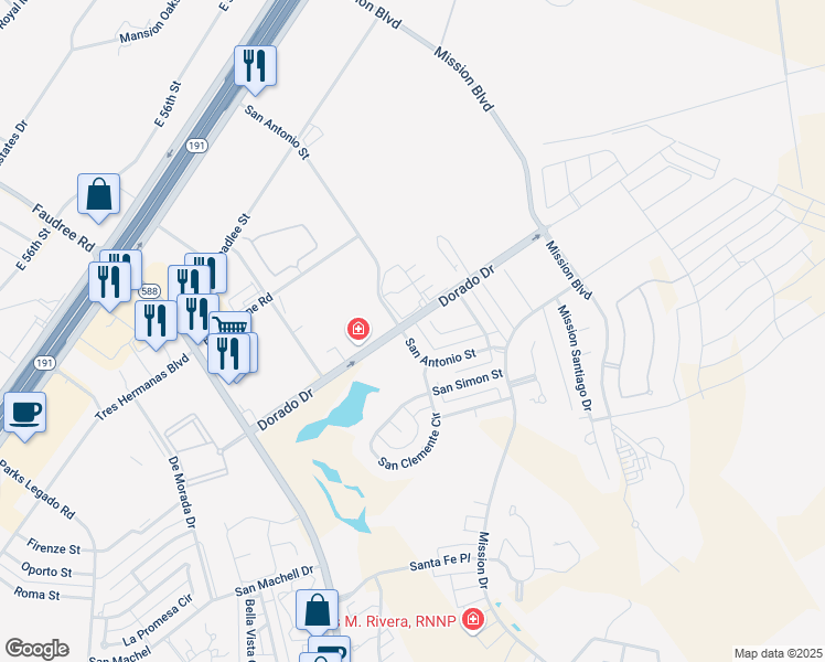 map of restaurants, bars, coffee shops, grocery stores, and more near 8101 San Antonio Street in Odessa