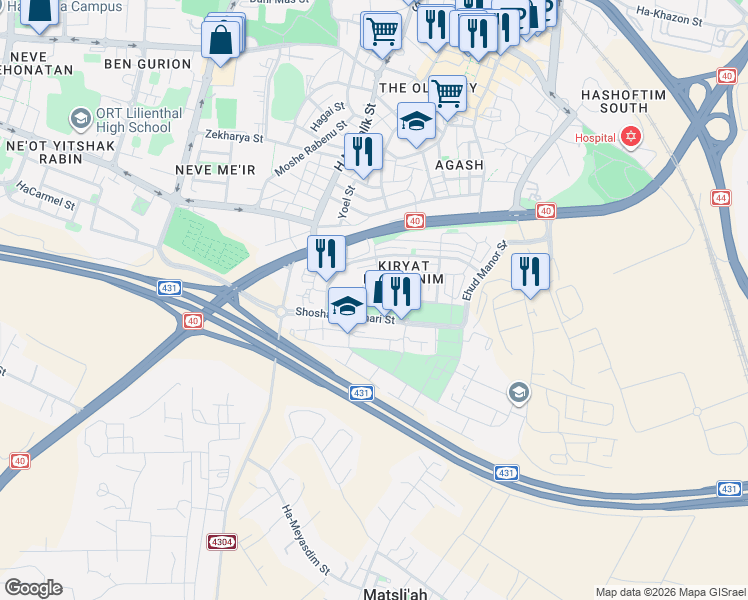 map of restaurants, bars, coffee shops, grocery stores, and more near 7 Ofra Khaza Street in Ramla
