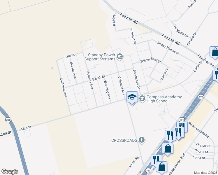 map of restaurants, bars, coffee shops, grocery stores, and more near 5800 Wyoming Avenue in Odessa