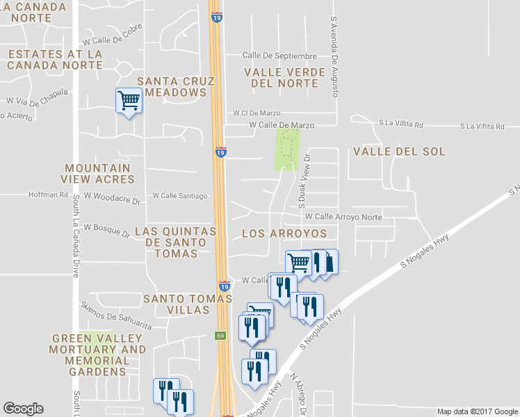 map of restaurants, bars, coffee shops, grocery stores, and more near 856 West Calle Arroyo Norte in Green Valley