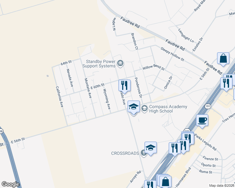 map of restaurants, bars, coffee shops, grocery stores, and more near 5800 Wyoming Avenue in Odessa