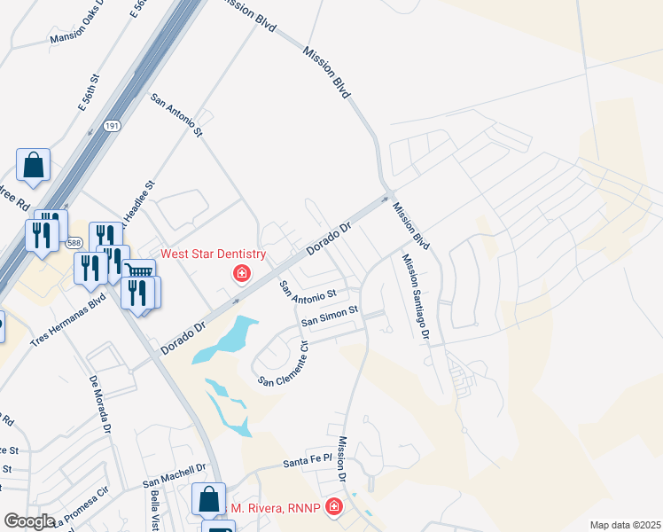 map of restaurants, bars, coffee shops, grocery stores, and more near 2 Pinon Court in Odessa