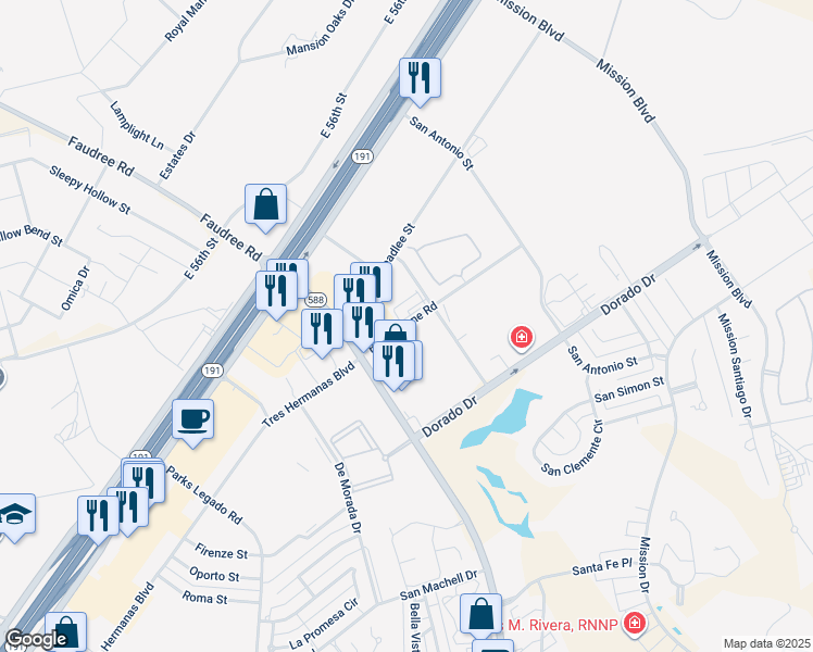 map of restaurants, bars, coffee shops, grocery stores, and more near Brownstone Road in Odessa