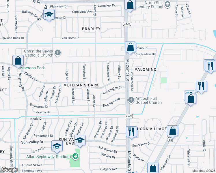 map of restaurants, bars, coffee shops, grocery stores, and more near 5642 Kensington Circle in El Paso