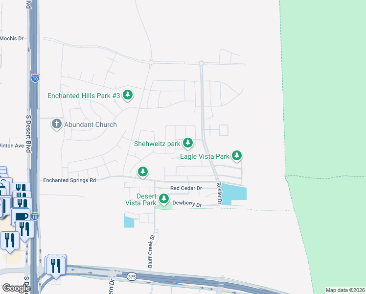 map of restaurants, bars, coffee shops, grocery stores, and more near 2239 Thunderbrush Drive in El Paso