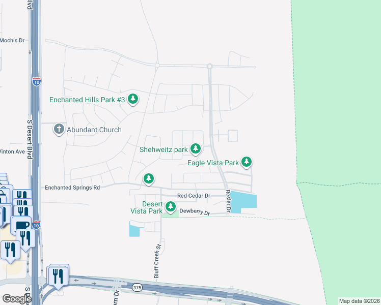 map of restaurants, bars, coffee shops, grocery stores, and more near 2239 Thunderbrush Drive in El Paso