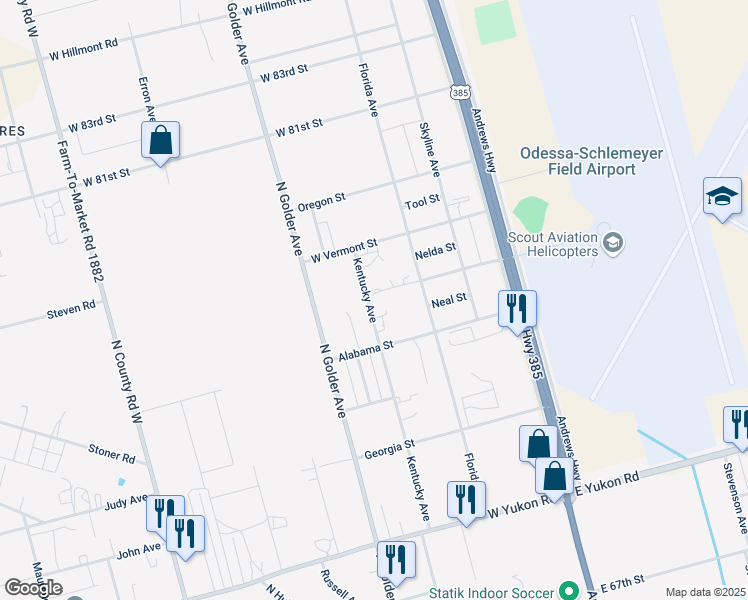 map of restaurants, bars, coffee shops, grocery stores, and more near 7518 Kentucky Avenue in Odessa