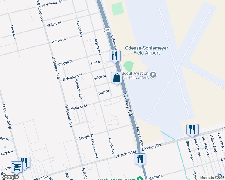 map of restaurants, bars, coffee shops, grocery stores, and more near 7512 Skyline Ave in Odessa