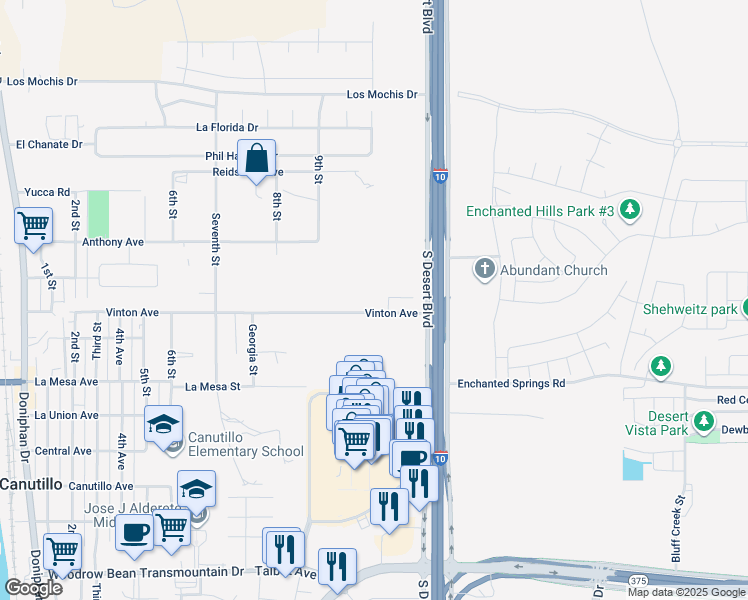 map of restaurants, bars, coffee shops, grocery stores, and more near 1031 Vinton Avenue in Canutillo