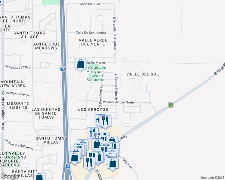 map of restaurants, bars, coffee shops, grocery stores, and more near 657 West Ash Ridge Drive in Green Valley