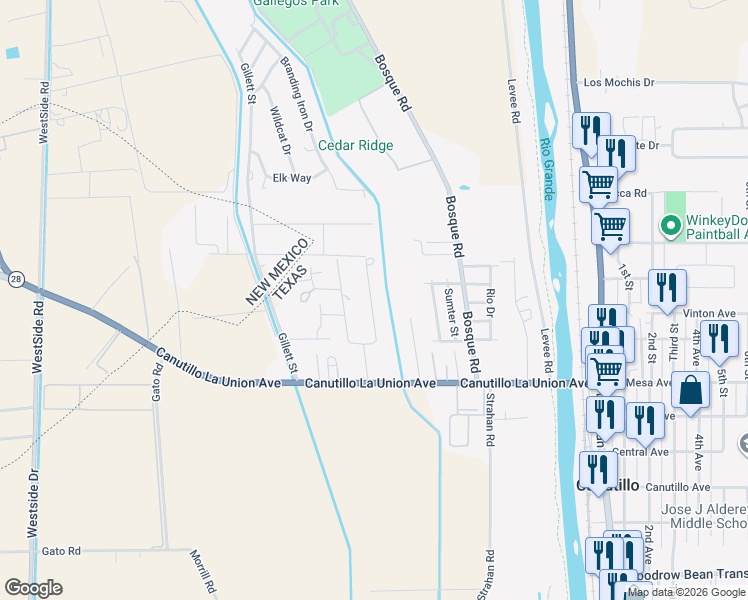 map of restaurants, bars, coffee shops, grocery stores, and more near 7156 Kayla Drive in Canutillo