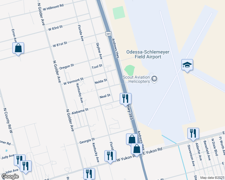 map of restaurants, bars, coffee shops, grocery stores, and more near 7512 Skyline Avenue in Odessa