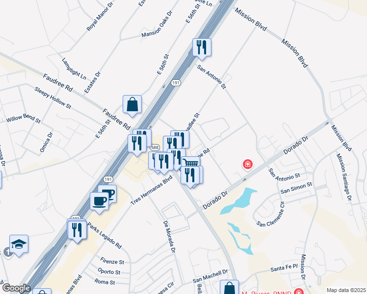 map of restaurants, bars, coffee shops, grocery stores, and more near 4118 Faudree Road in Odessa