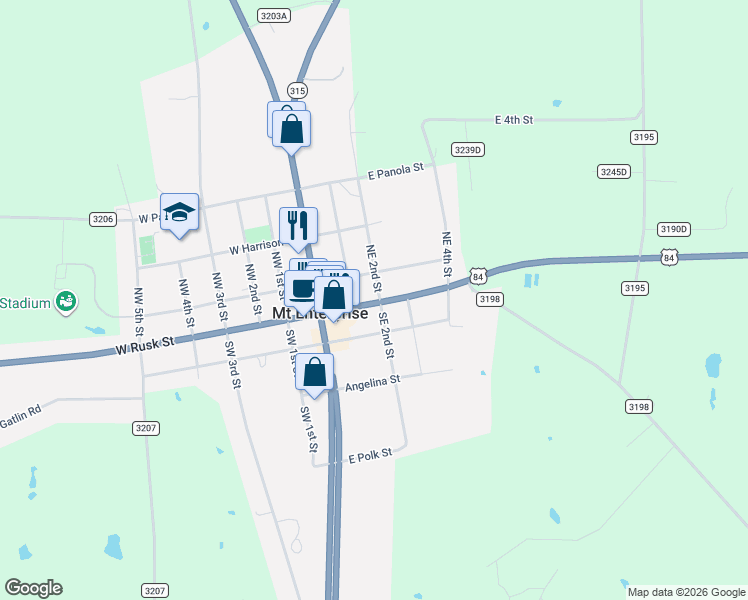 map of restaurants, bars, coffee shops, grocery stores, and more near 300 East Rusk Street in Mount Enterprise