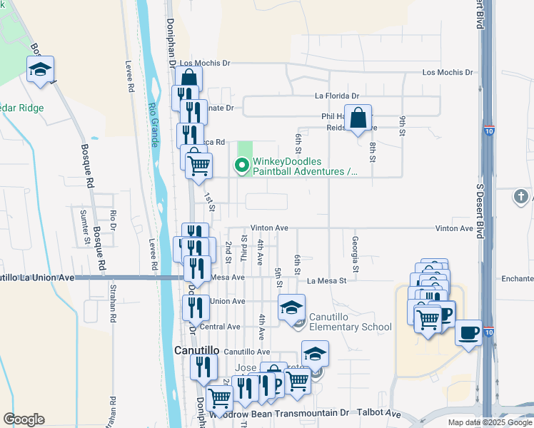 map of restaurants, bars, coffee shops, grocery stores, and more near 453 Isaias Avenue in Canutillo