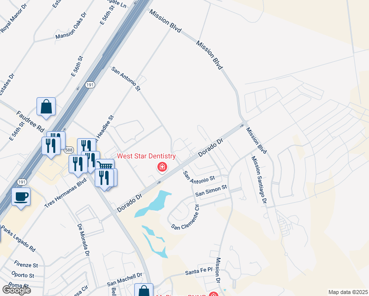 map of restaurants, bars, coffee shops, grocery stores, and more near 8201 Dorado Drive in Odessa