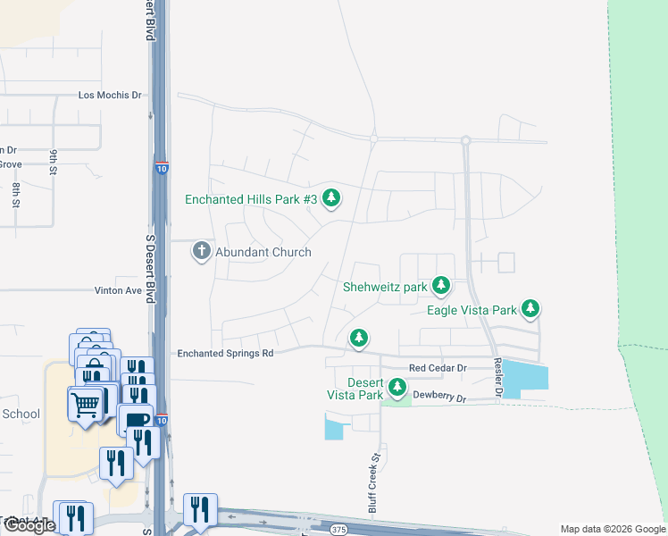 map of restaurants, bars, coffee shops, grocery stores, and more near 7739 Enchanted View Drive in El Paso