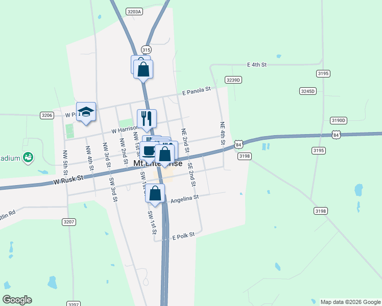 map of restaurants, bars, coffee shops, grocery stores, and more near 300 East Rusk Street in Mount Enterprise