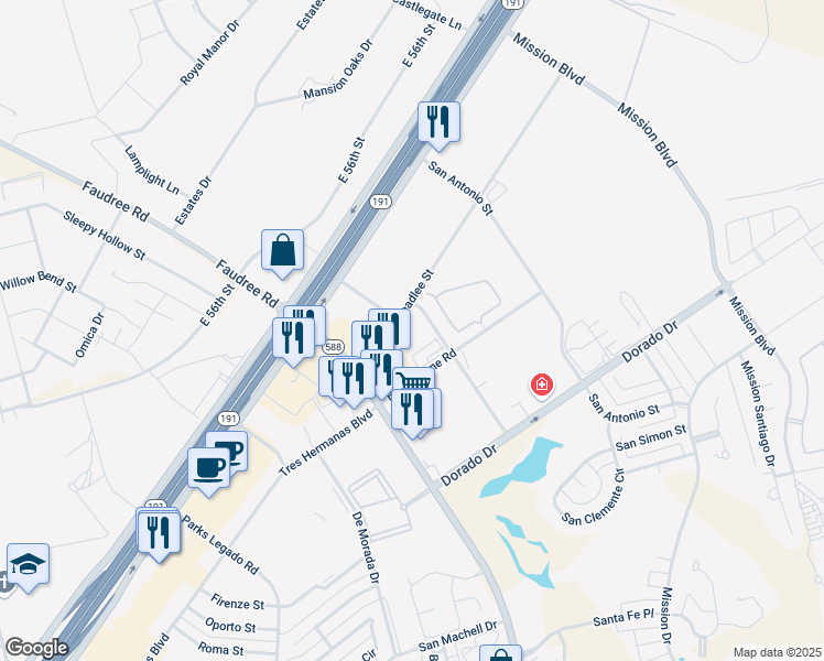 map of restaurants, bars, coffee shops, grocery stores, and more near 4118 Faudree Road in Odessa