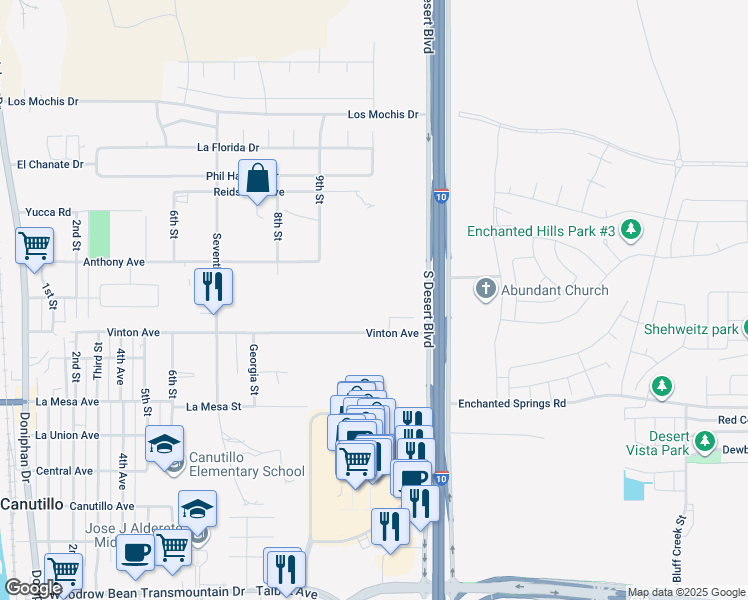 map of restaurants, bars, coffee shops, grocery stores, and more near 1031 Vinton Avenue in Canutillo