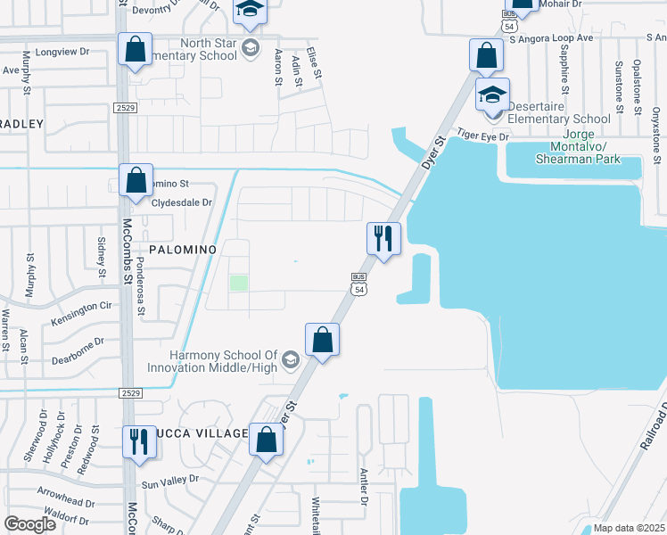 map of restaurants, bars, coffee shops, grocery stores, and more near 10501 Dyer Street in El Paso