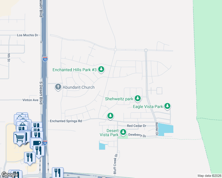 map of restaurants, bars, coffee shops, grocery stores, and more near 7752 Enchanted Path Drive in El Paso