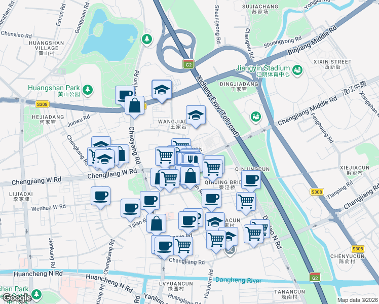 map of restaurants, bars, coffee shops, grocery stores, and more near in Wuxi