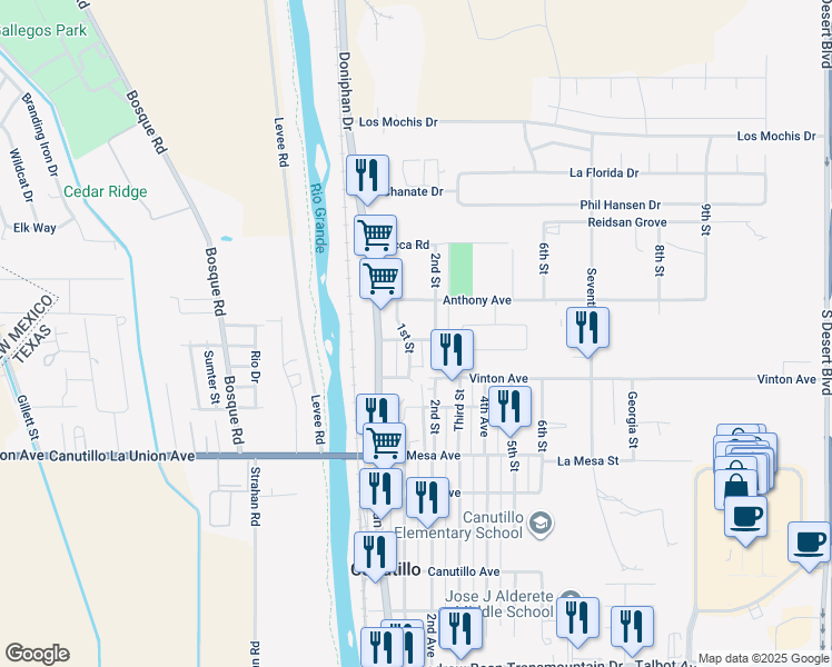 map of restaurants, bars, coffee shops, grocery stores, and more near 7186 1st Street in Canutillo