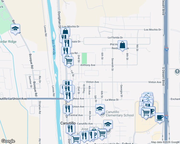 map of restaurants, bars, coffee shops, grocery stores, and more near 453 Isaias Avenue in El Paso