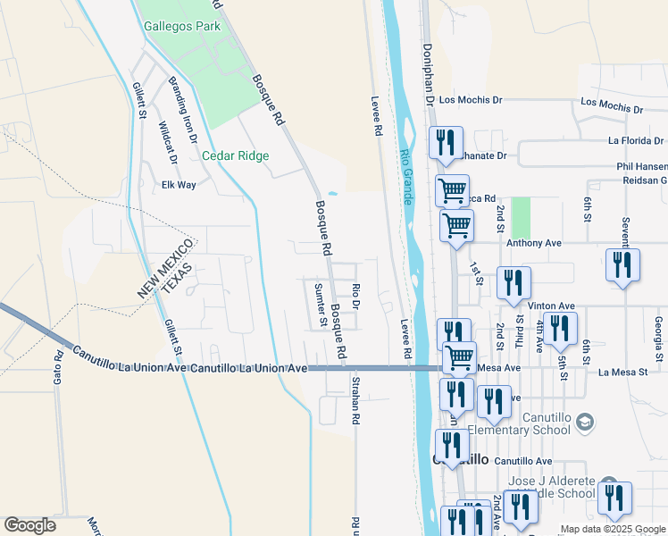 map of restaurants, bars, coffee shops, grocery stores, and more near 7200 Bosque Road in Canutillo