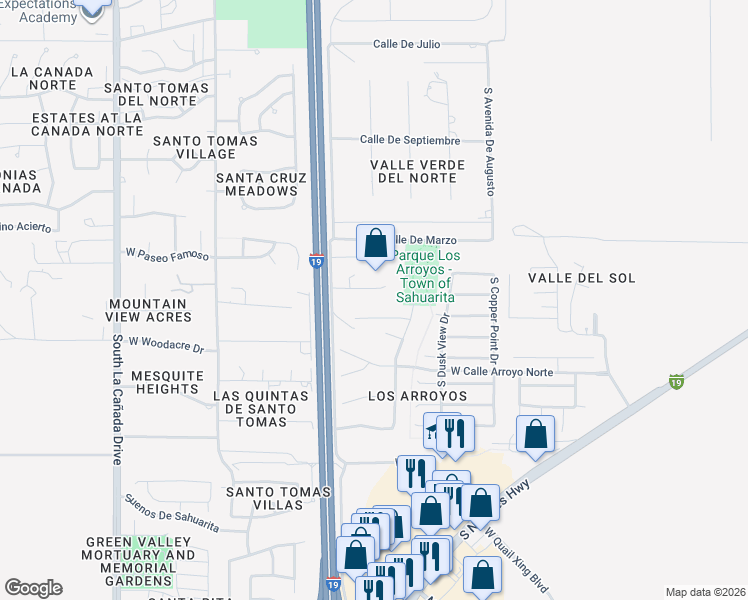 map of restaurants, bars, coffee shops, grocery stores, and more near 18211 South I19 Frontage Road in Green Valley