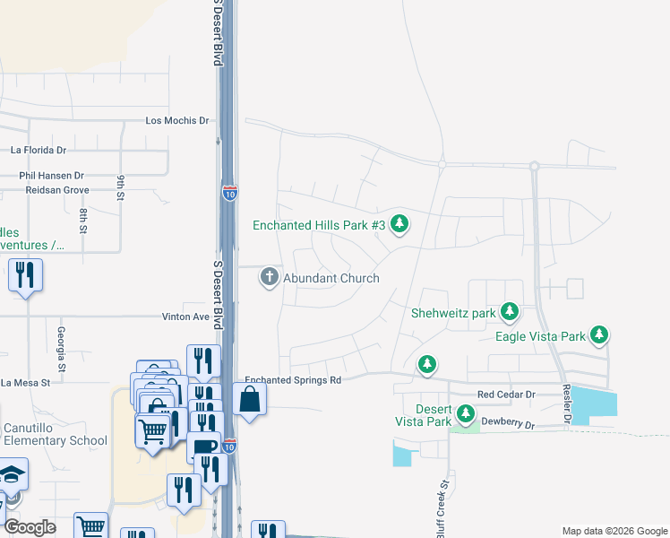 map of restaurants, bars, coffee shops, grocery stores, and more near 2170 Enchanted Summit Dr in El Paso