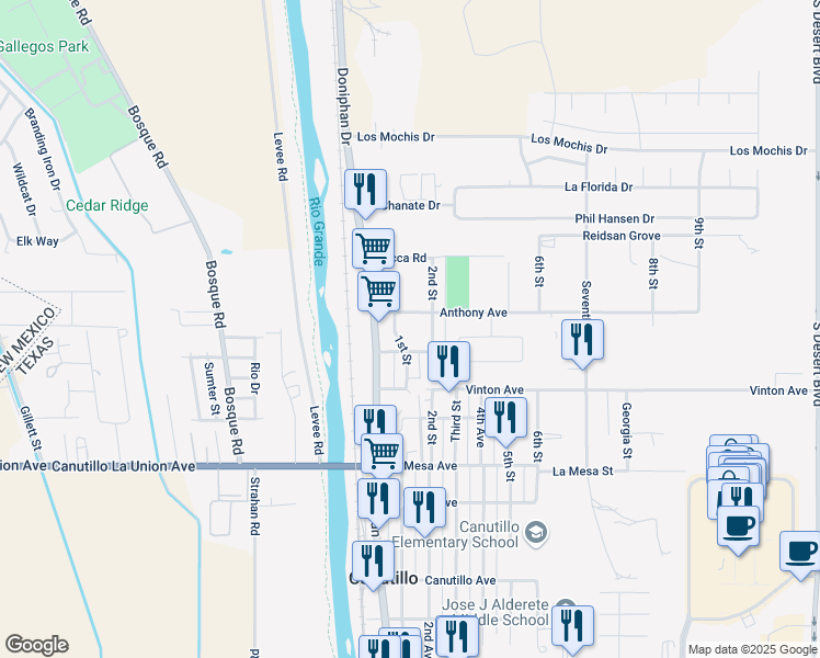 map of restaurants, bars, coffee shops, grocery stores, and more near 7242 1st Street in Canutillo