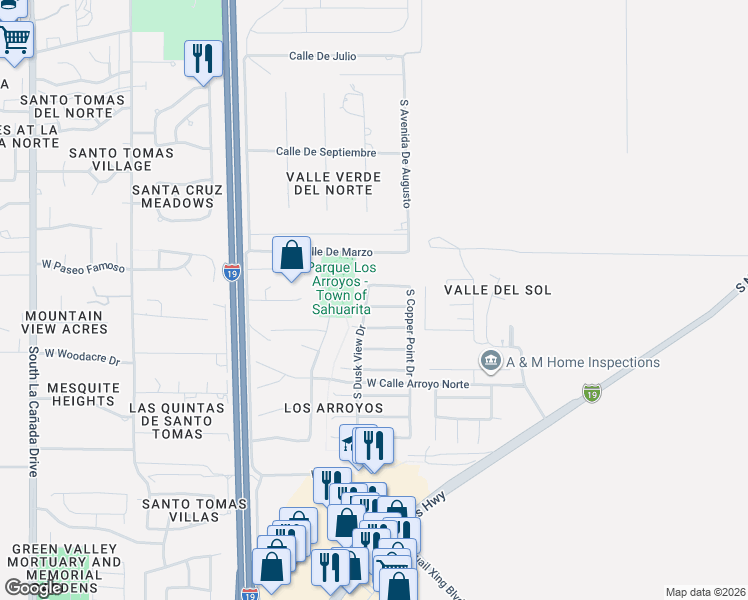 map of restaurants, bars, coffee shops, grocery stores, and more near 721 West Echo Mesa Drive in Green Valley
