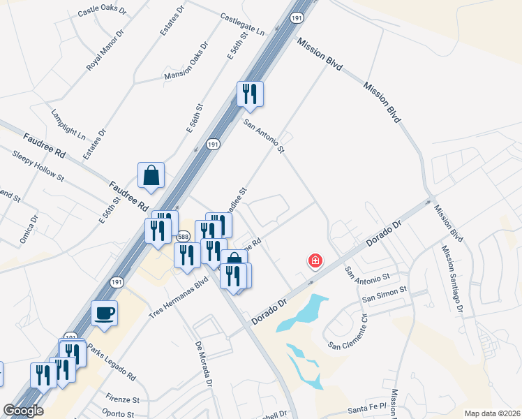 map of restaurants, bars, coffee shops, grocery stores, and more near 8001 Brownstone Road in Odessa
