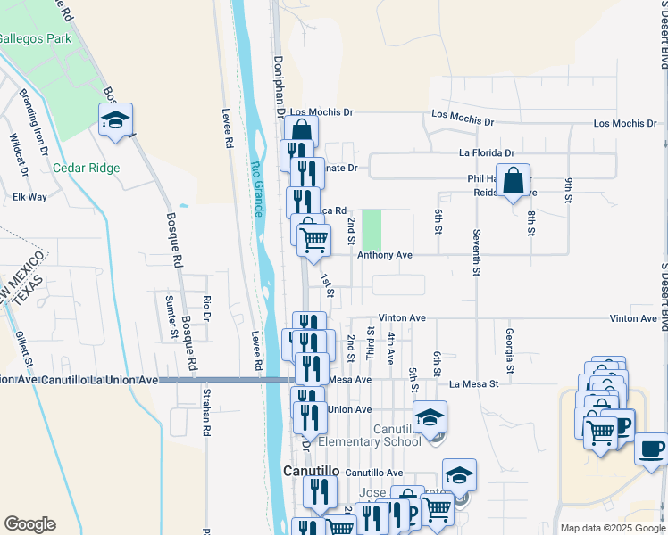 map of restaurants, bars, coffee shops, grocery stores, and more near 7242 1st Street in Canutillo