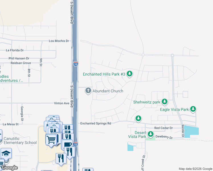 map of restaurants, bars, coffee shops, grocery stores, and more near 2170 Enchanted Summit Dr in El Paso