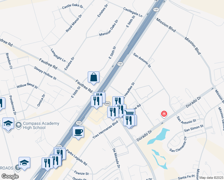 map of restaurants, bars, coffee shops, grocery stores, and more near  in Odessa