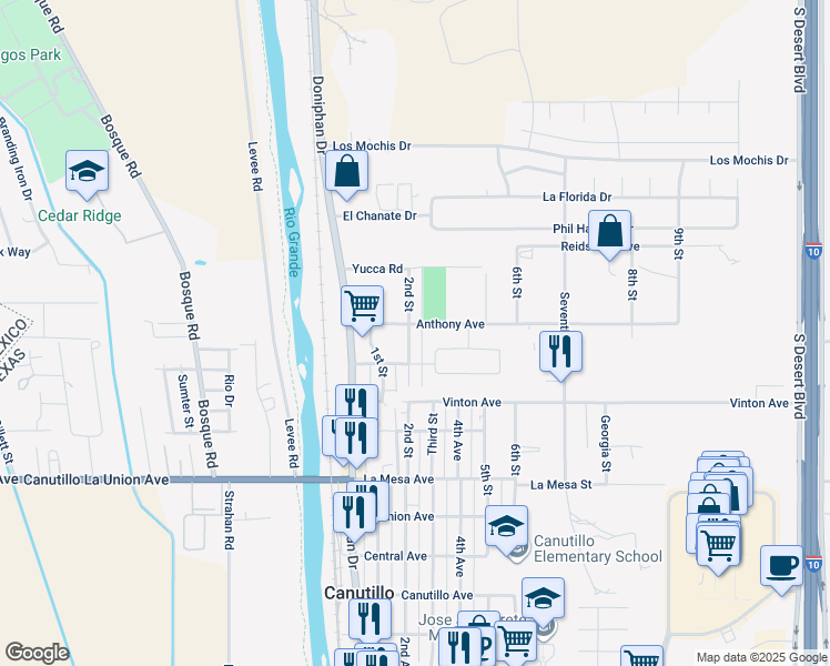 map of restaurants, bars, coffee shops, grocery stores, and more near 504 Anthony Avenue in Canutillo