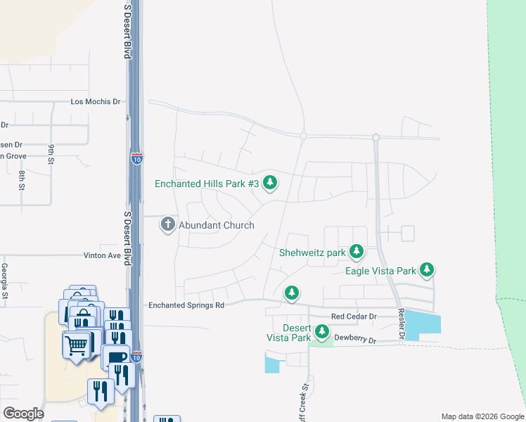 map of restaurants, bars, coffee shops, grocery stores, and more near 7742 Enchanted Ridge Drive in El Paso