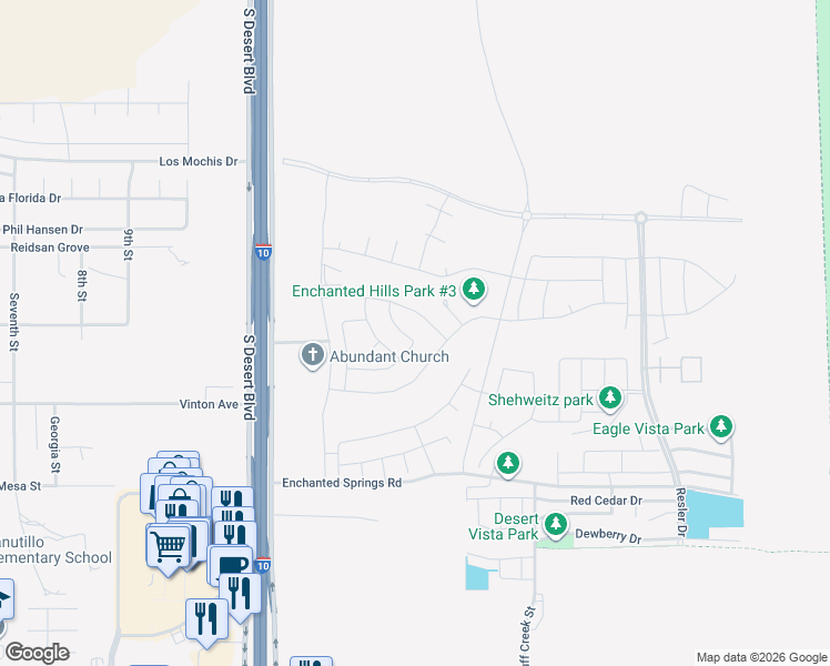 map of restaurants, bars, coffee shops, grocery stores, and more near 2166 Enchanted Crest Drive in El Paso