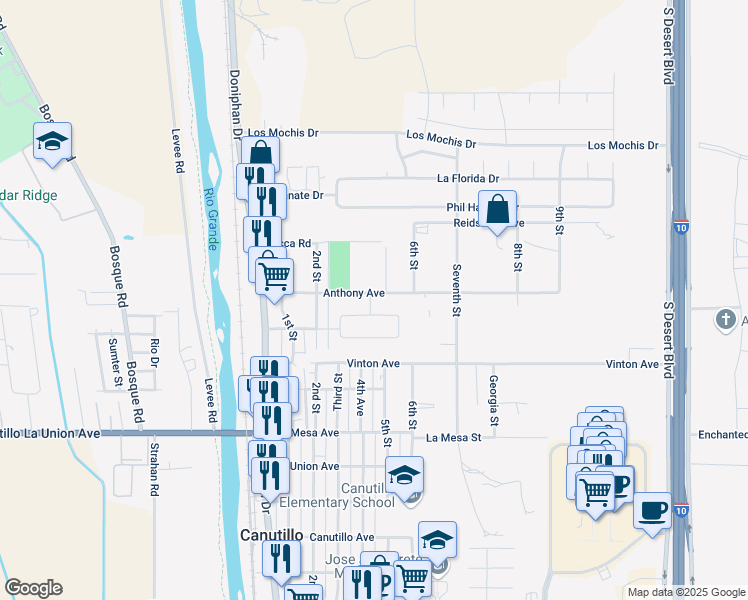 map of restaurants, bars, coffee shops, grocery stores, and more near 540 Anthony Avenue in Canutillo