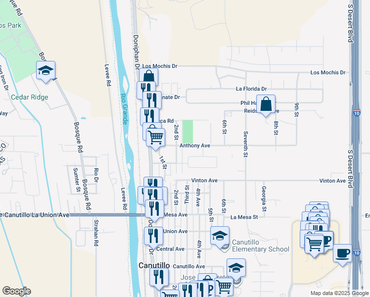 map of restaurants, bars, coffee shops, grocery stores, and more near 504 Anthony Avenue in Canutillo
