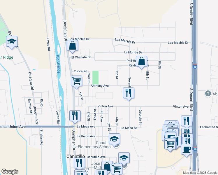map of restaurants, bars, coffee shops, grocery stores, and more near 540 Anthony Avenue in Canutillo