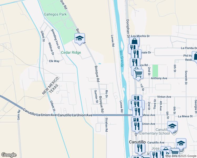 map of restaurants, bars, coffee shops, grocery stores, and more near 7200 Bosque Road in Canutillo